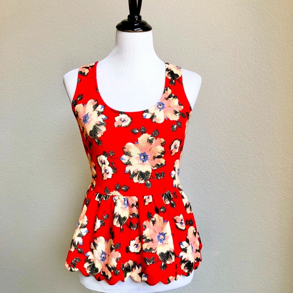 Anthropologie Postmak Floral Red Peplum Top with Back Cut Out